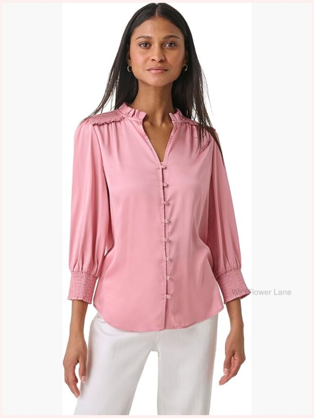 Lightweight Ruffle Collar 3/4 Sleeve Button Front Blouse